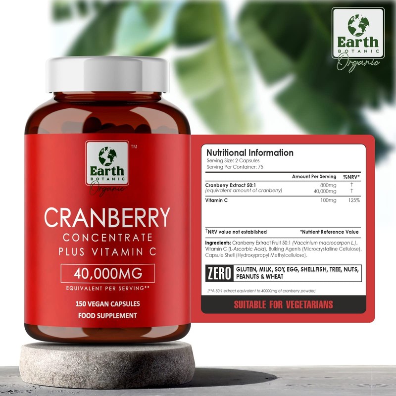 Earth BOTANIC Organic Cranberry Capsules 40,000mg High Strength | 150