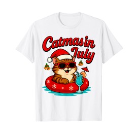 Catmas In July Cat & Santa Hat On Float Christmas In July Men Women Girls Kids T-Shirt