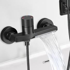 Shower Thermostat, Shower Mixer Tap with Safety Button, Waterfall Bath Fitting, 2 Outlets, Thermostat, Shower Thermostat, Shower Fittings, Brass Shower Thermostat
