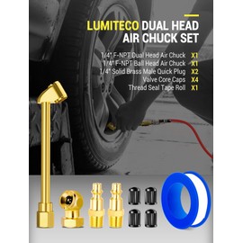 LUMITECO Heavy Duty Dual Head Air Chuck Set, Closed Ball Tire Chuck & 1/4" NPT Male Quick Plug & 4* Valve Caps, No Air Leakage Tire Air Fill Kit for Tire Inflator Gauges & Air Compressors