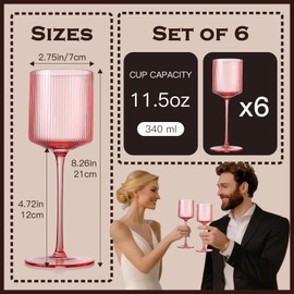 Vintacicle Pink Square Wine Glasses Set of 6, Elegant Ribbed Design Colored Crystal Glassware with Long Stem, 11.5oz Hand Blown Stemware For Red & White Wine Home Bar Party