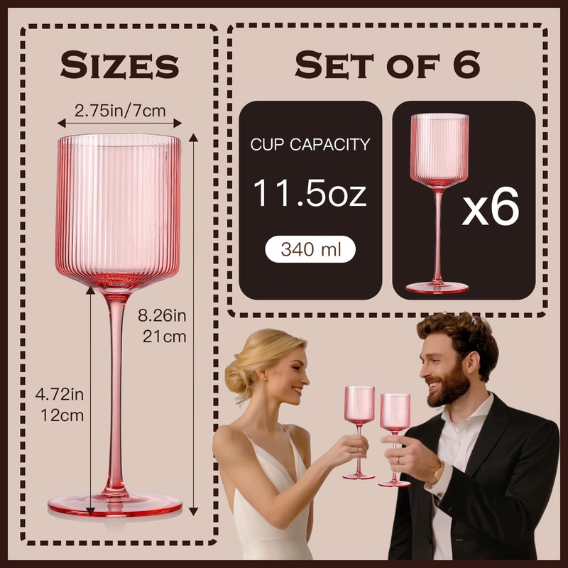 Vintacicle Pink Square Wine Glasses Set of 6, Elegant Ribbed