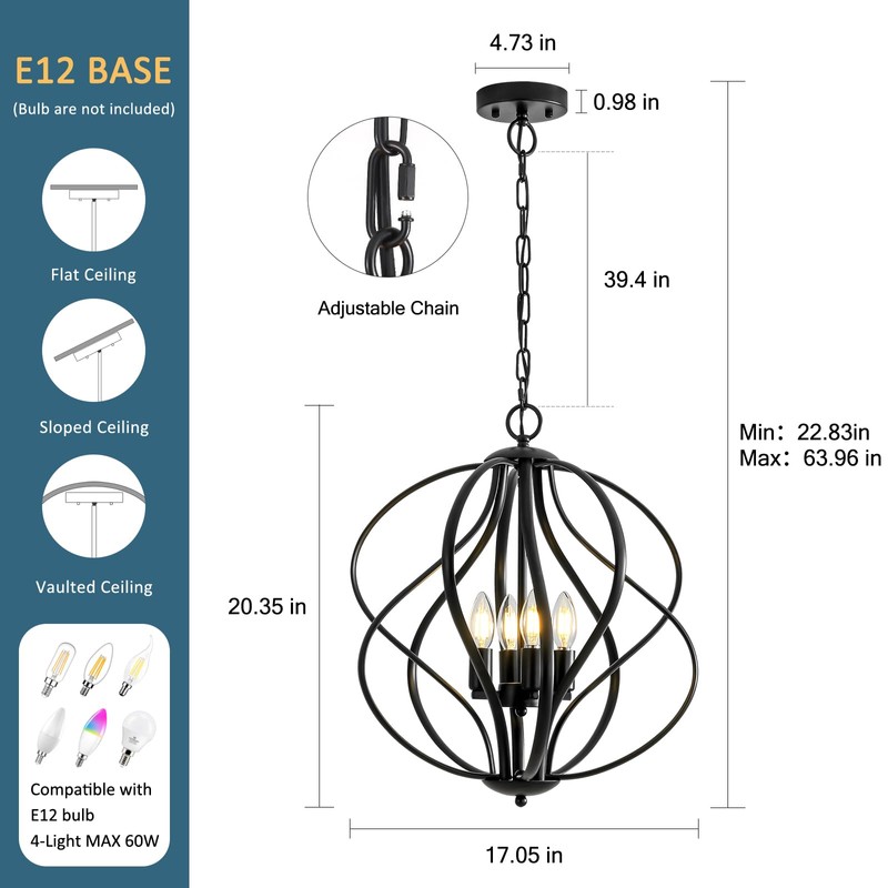 Xyndraph 17” Modern Black Chandelier for Dining Room - 4-Light