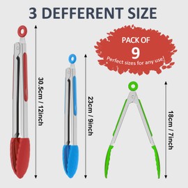 9 Pieces Silicone Tongs for Cooking 7,9,12 inches Kitchen Tongs with Silicone Tip Stainless Steel Heat Resistant Cooking Tongs for Food Grill Salad BBQ Frying and Serving, 3 Color