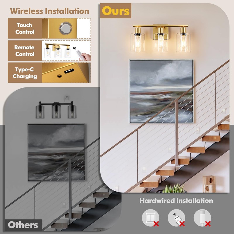 Battery Operated Wall Sconce, 3-Light Dimmable Rechargeable Wireless Vanity Light