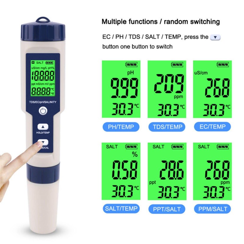 Holzsammlung pH Meter 5 in 1, Digital Water Quality Tester,