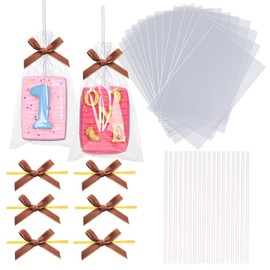 50 bolsas transparentes de arroz Krispie de 4 x 6 pulgadas con palos y lazos, kit de arroz, bolsas de pastel, paquete individualmente para malvavisco, Mcaron, caramelos, galletas de manzana, pastel de