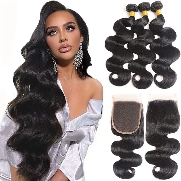 Peruvian Bundles with Closure Wet and Wavy Bundles(14 16 18+12)100% Unprocessed Virgin Human Hair 3 Bundles with 4x4 Lace Closure with Baby Hair Free Part Body Wave Human Hair Extensions