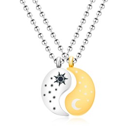Tobestu 2Ps White and Gold Color Tai Chi Puzzle Couple Necklaces - Sun and Moon Yinyang Pendant Necklace for Her/Him YA4562