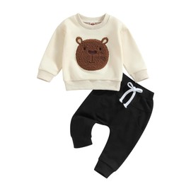Toddler Baby Boy Fall Clothes Long Sleeve Dinosaur/Bear Print Sweatshirt Pants Set Cute Infant 0-3T Winter Outfits (Black Bear, 18-24 Months)