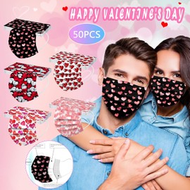 Paquete de 50 mascarillas faciales desechables para adultos, estampado de corazón para mujeres, parejas, corazón dulce 2024