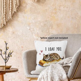 MONALET Funny Cat Loaf Valentine's Day Throw Pillow Cover 18x18 Gifts for Cat Lovers, I Loaf You I Love You Decor Pillow Case for Bedroom Living Room, Valentine Cats Decorative Square Pillowcase