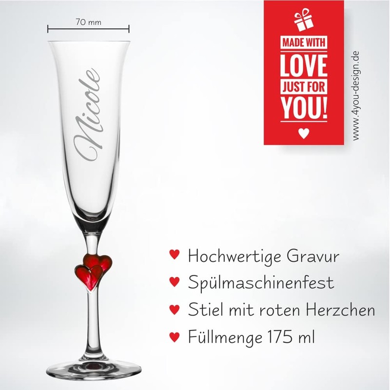 4youDesign Red Hearts Stem Champagne Flute - Engraved Name -