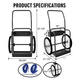 Heavy Duty Dual Oxygen Tank Cart, Large 220Lbs Capacity Double Cylinder Cart with 20" Pneumatic Wheels, High Safety Rail, Includes 2 Straps