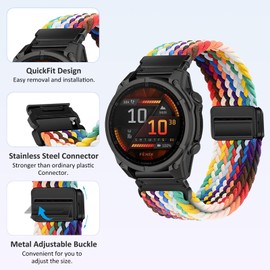RosMank 22mm Quickfit Braided Watch Band Compatible with Garmin Fenix 8 Fenix E 47mm/7 Pro/7/6 Pro/6, Nylon Woven Replacement Strap for Epix/Approach S70 47mm/MARQ/Instinct 2/Forerunner 965/Descent G1 (Rainbow)