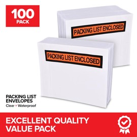 100 Piece Waterproof Packing List Envelopes, 4.5x5.5, Clear with “Packing List Enclosed” - Shipping Label, Invoice & Packing Slip Pouches with Easy Peel & Stick Adhesive For Mailing