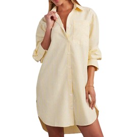 yoeasy Women's Casual Loose Long Sleeve Striped Button Down Mini Shirts Dress with Pocket (Large, Yellow)