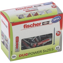 fischer DuoPower 5 x 25 S PH, powerful universal plug with panhead screw, intelligent 2-component technology for fastenings in concrete, bricks, stone, gypsum plasterboard, etc., 50 plugs & 50 screws