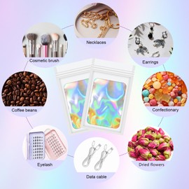 Jedqlnye 100 pcs White Mylar Holographic Bags Packaging Bags,Clear Window Sealing Zipper Bags Resealable Bags Foil Pouch Bag for Bracelet,Party Favors,Photo Packaging(3.54x4.72Inch)