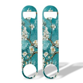 2 PACK Beer Bottle Opener, Stainless Steel Flat Bottle Openers,7 inch Metal Decor,Teal Green Almond Flowers