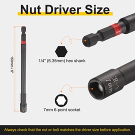 sourcing map 5pcs Nut Driver Drill Bit 7mm Metric Socket 1/4" Hex Shank 6" (150mm) Long Magnetic 6-Point Sockets Quick Change Phosphated CR-V Steel Bolt Setters for Power Drill Drivers, Black