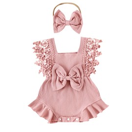 Himllauen 2 Pcs Infant Baby Girls Summer Romper Outfits Lace Sleeve Round Neck Ruffle Cute Jumpsuit + Headband Casual Sets for Newborn Toddler Girls (Pink, 12-18 Months)