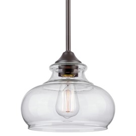 Kira Home Harlow 9" Modern Schoolhouse Pendant Light with Clear Glass Shade, Industrial Farmhouse Brown Hanging Light with Schoolhouse Glass, Oil Rubbed Bronze Finish