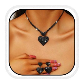 Aukmla Bridal Wedding Jewelry Set Silver Crystal Rhinestones Heart Bride Wedding Necklace Earring Sets Prom Necklaces for Women (Black)