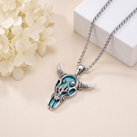 MEDWISE 925 Sterling Silver Western Bull Skull Necklace Turquoise Longhorn Steer Skull Pendant with Cactus Sun Southwestern Desert Theme Jewelry for Women Men Cowgirl Wife Christmas Birthday Gift