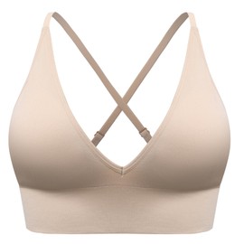 SUNSESS Sports Bras for Women Deep V Seamless Wirefree Removable Pads Comfort Sleep Bralette Workout Yoga Crop Top Bra (UK, Alpha, XL, Regular, Regular, Standard, Nude)