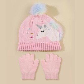 Toddler Kids Girls Winter Knit Unicorn Beanie Hat and Gloves Set with Pom Pom Age 2-8 Yrs