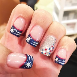 24Pcs 4th of July Press on Nails Blue French Tips Fake Nails Glossy Gold Glitter Stick on Nails Medium Square Acrylic Full Cover False Nails Fourth of July Gel Glue on Nails for Holiday Manicure Art