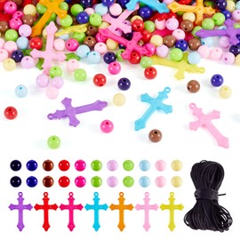 Craftdady 480Pcs Cross Acrylic Charms 8mm Colorful Opaque Acrylic Round Beads DIY Crucifix Cross Necklace Pendants Making Kit with Black Nylon Cord Religion Cross Dangle Charms for Jewelry Making
