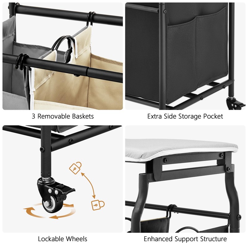 Hoctieon 3 Section Laundry Sorter Cart with Ironing Board, Laundry