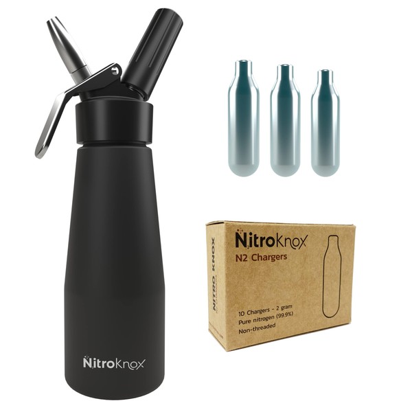 Nitro Cold Brew Coffee Kit by Nitroknox – Custom 1pt Aluminum Metal Head Dispenser, Pure Nitrogen (N2) Gas Chargers Cartridges – NCB Maker with x10 Chargers for Nitro Coffee From Home (Matte Black)