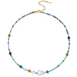 S.J JEWELRY Beaded Necklaces for Women Colorful Seed Bead Necklace Boho Necklaces for Women Beach Necklaces Summer Necklace Choker for Women Stainless Steel 18K Gold Plated CK-MixBlue-Baroq