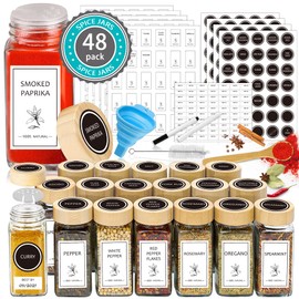 Aliggbent Spice Jars with Lable, 48 Pcs 4 oz Glass Spice Jars with Bamboo Lids, Spice Containers Bottles, Glass Seasoning Jars with Shaker Lids, Collapsible Funnel, for Spice Racks, Pantry,Cupboard