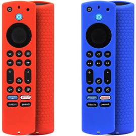 Pinowu Silicone Remote Case (2pcs) for Fire TV Stick 4K Max (2nd)/ Insignia/Pioneer/Omni (QLED) Series Fire TV Alexa Voice Remote Enhanced w/Lanyard (Red,Blue)