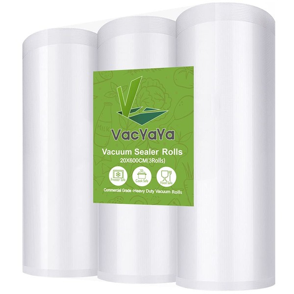 VacYaYa 3 Pack 20x600cm Rolls (Total 18m) Vacuum Food Sealer Machine Freezer Bags Rolls with BPA Free,Heavy Duty,Great for Sous Vide and Vac Seal Storage Rolls