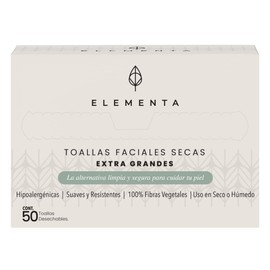 Elementa Toallas Faciales Secas Extra Grandes (Rostro Limpio y Sin Bacterias), Hipoalergénicas, 100% Biodegradables | Toallitas Desmaquillantes, Skin Care, Limpiador Facial | Paquete con 50 Toallitas