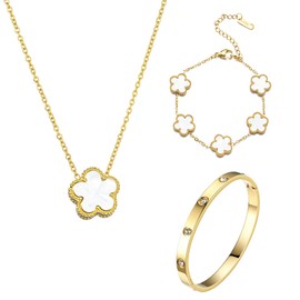 GWAWG 3 Piece Four Leaf Jewellery Set, 18 K Gold-Plated Bangle, 18 K Gold-Plated Pendant Necklace, Cubic Zirconia Bracelet for Women, Gift for Women and Girls