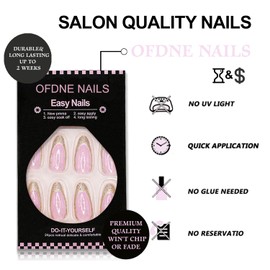 French Tip Press on Nails Medium Almond OFDNE Gold Fake Nails False Nails with Gold Glitter Designs Glossy Glue on Nails Full Cover Shiny Stick on Nails Acrylic Nails for Women Girls 24 Pcs