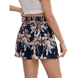 Floerns Pantalones cortos de maternidad con estampado floral fruncido de cintura alta y pierna ancha para mujer, Azul marino, XS