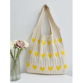 Cute Heart Pattern Crochet Summer Tote Bag for Women, Summer 2025 Large Everything Tote Bag, Large Beach Bags, Trendy High Quality Everyday Shoulder Bag for Daily, Gifts for Her:_Yellow_Please Refer To The Pictures for Dimensions