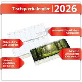 PRIMUS PRINT Desk Calendar 2026 Landscape Weekly Calendar - 64 Pages Appointment Calendar and Annual Calendar - 297 x 130 mm - 75 g Natural Paper, Wire Comb Binding, Holidays and School Holidays