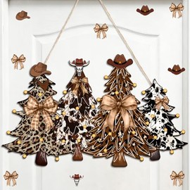 Thyle Christmas Door Sign Christmas Tree Welcome Wreath Sign Decorations with Large Bows Wall Decor Wooden Front Door Hanger Xmas Decorations Indoor for Farmhouse Home Outdoor Porch Window Decor