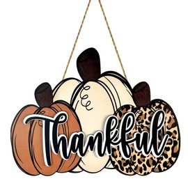 Fall Door Decor Thankful Sign Rustic Fall Pumpkin Decor Wooden Leopard Pumpkin Door Sign Fall Door Hanger for Harvest Thanksgiving Indoor Wall Decor