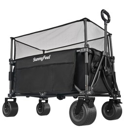 SunnyFeel Heavy Duty Collapsible Outdoor Utility Wagon Cart 500LB Capacity Adjustable Handlebar,Foldable Beach Wheels Stable Durable Oxford Fabric for Shopping Garden Camping (Black, Tall Version)