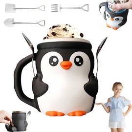 Soporte para pinta de helado de pingüino impreso en 3D, recipiente reutilizable a prueba de fugas de 16 onzas con mango anticongelante y ranuras para cuchara, paleta a prueba de fugas, funda para lata