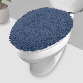 LuxUrux Toilet Lid Cover with Stretch Fit Elastic Band – Chenille Microfiber Toilet Seat Non-Slip Cover for Bathroom – Soft Plush, Machine Wash And Dry, Comfort & Clean Look (18 x 21'', Medium Blue)